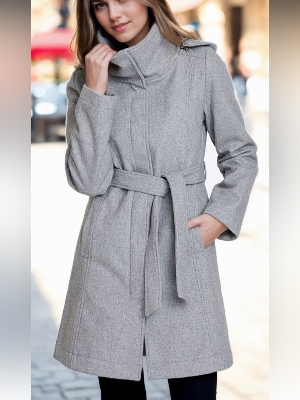 Classic Mia Melon Lexi Gray Belted Wool-Blend Coat medium